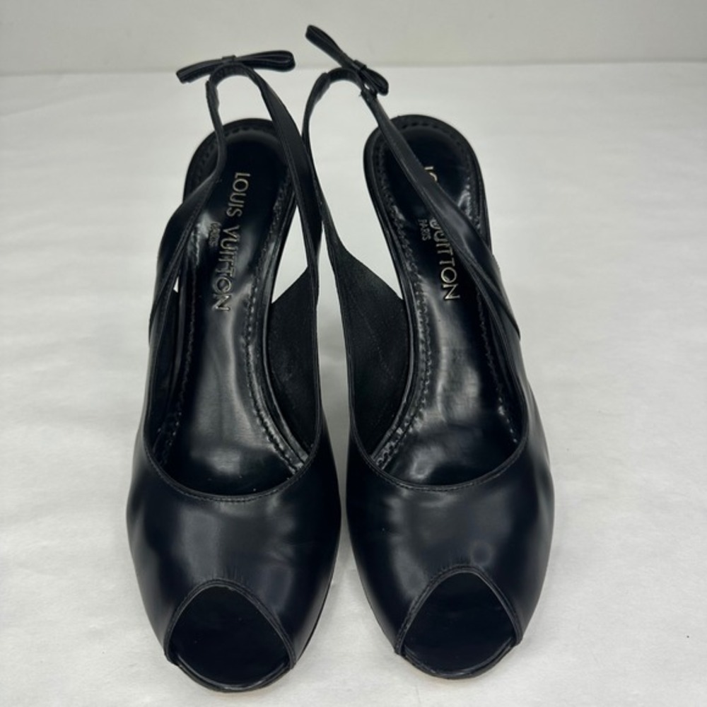 Louis Vuitton Black Veau Glace Peep Toe‎ Slingback Pumps Heels 38.5 YS5KGL